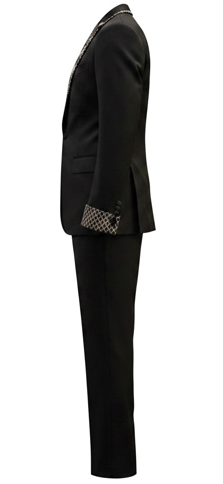 Black Wool Tuxedo with Crystal Pearl Lapel & Cuff Embellishments