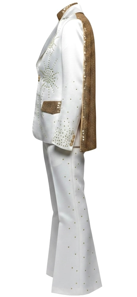 White Silk Suit with Gold Sequin Cape & Gold Crystal Embellishments