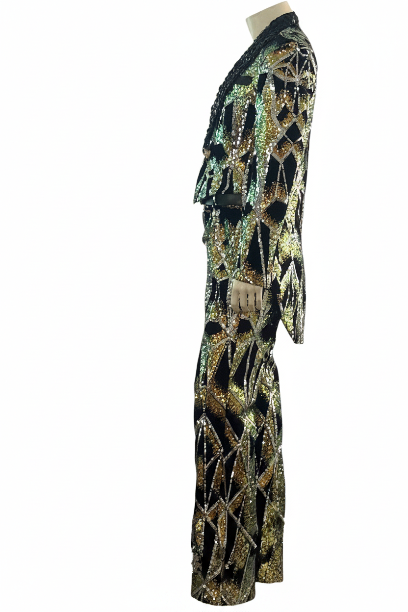 Black & Gold Geometric Sequin Tuxedo Tail Suit with Diamond Crystal Lapel