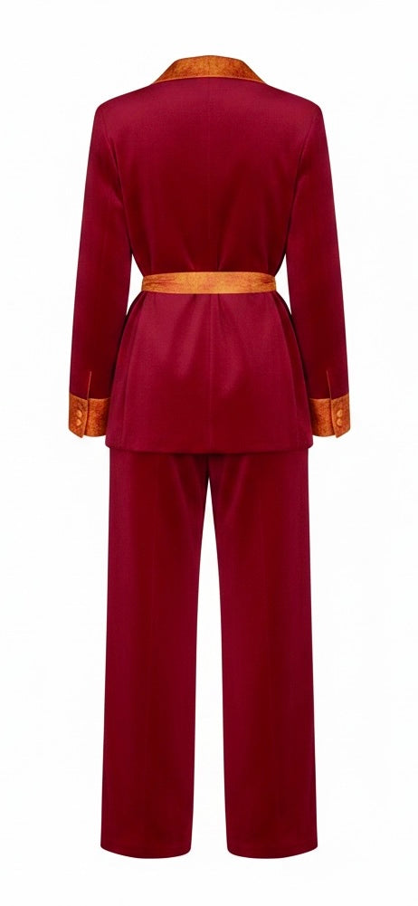 Crimson Velvet & Gold Jacquard Blazer Dress with Rope Tie Belt