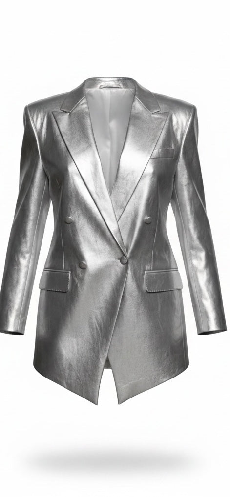 Silver Leather Double-Breasted Suit