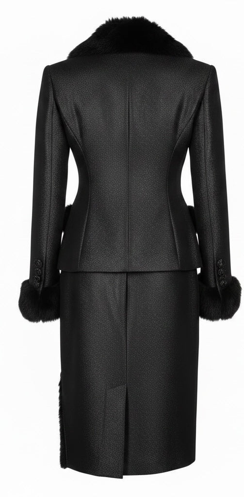 Black Iridescent Real Fur Trim Skirt Suit