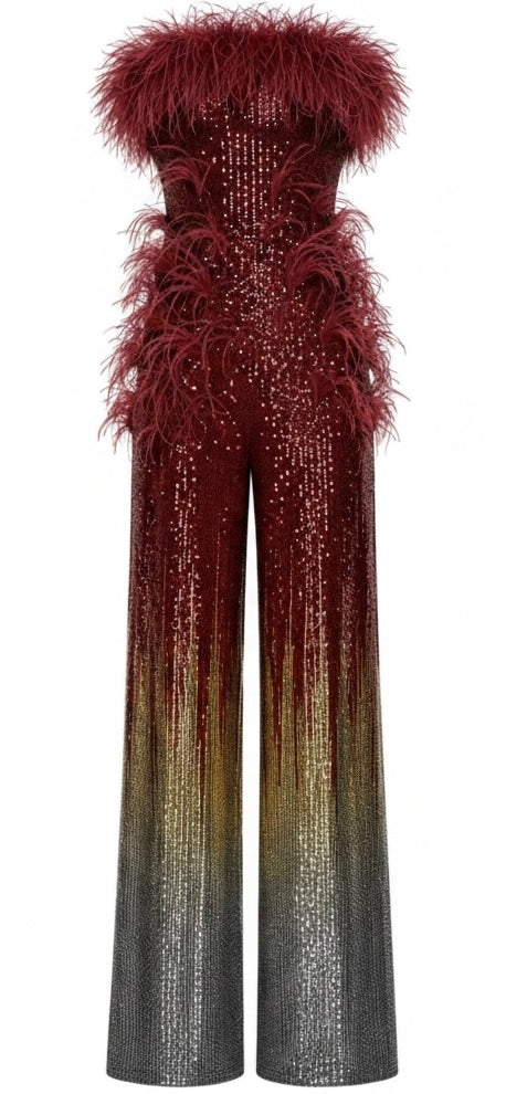 Red & Gold Ombré Sequin Jumpsuit