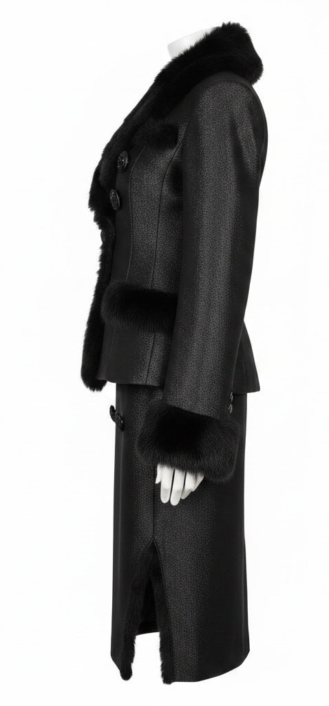 Black Iridescent Real Fur Trim Skirt Suit