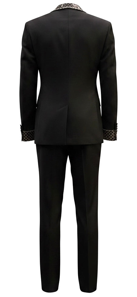 Black Wool Tuxedo with Crystal Pearl Lapel & Cuff Embellishments