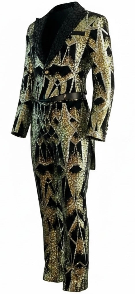 Black & Gold Geometric Sequin Tuxedo Tail Suit with Diamond Crystal Lapel
