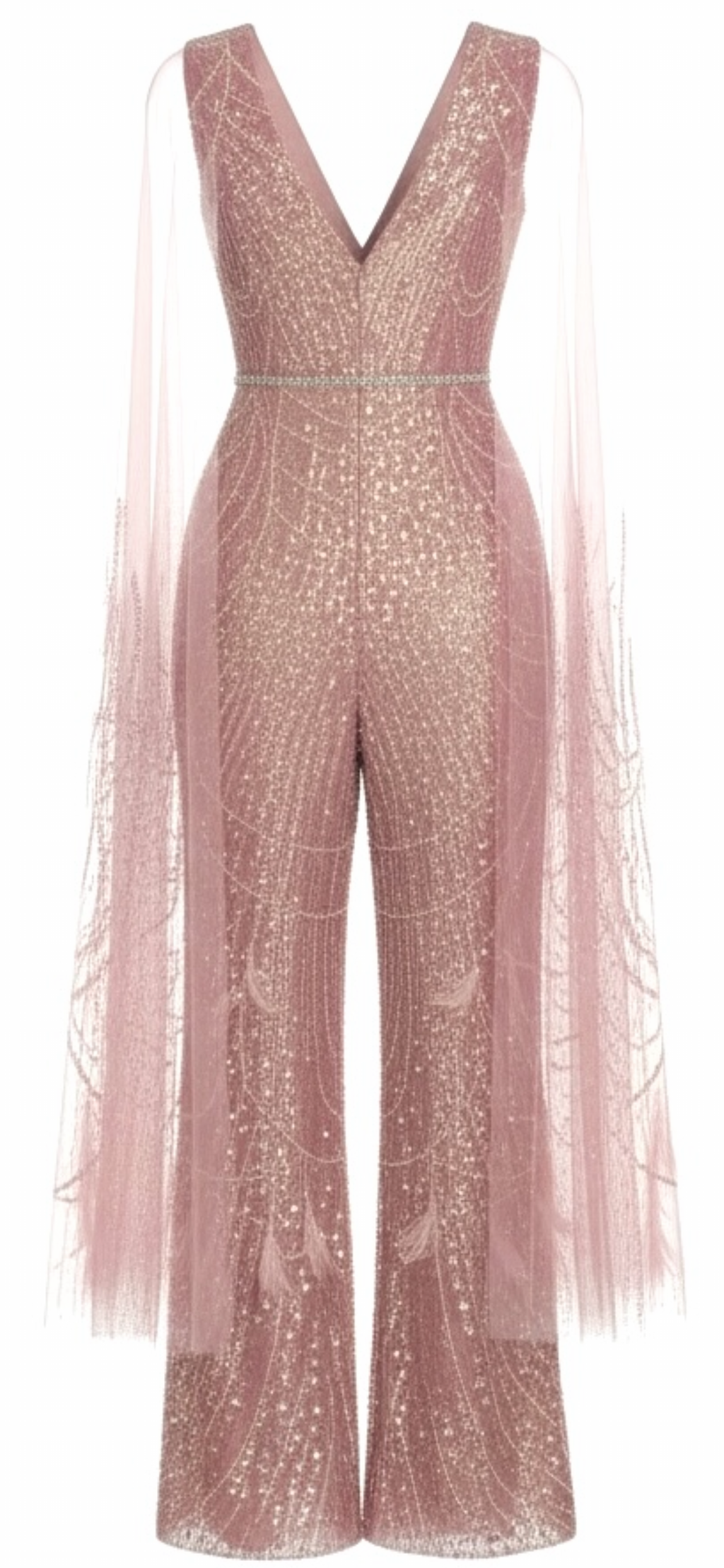 Rose Gold Crystal Cape V-Neck Jumpsuit