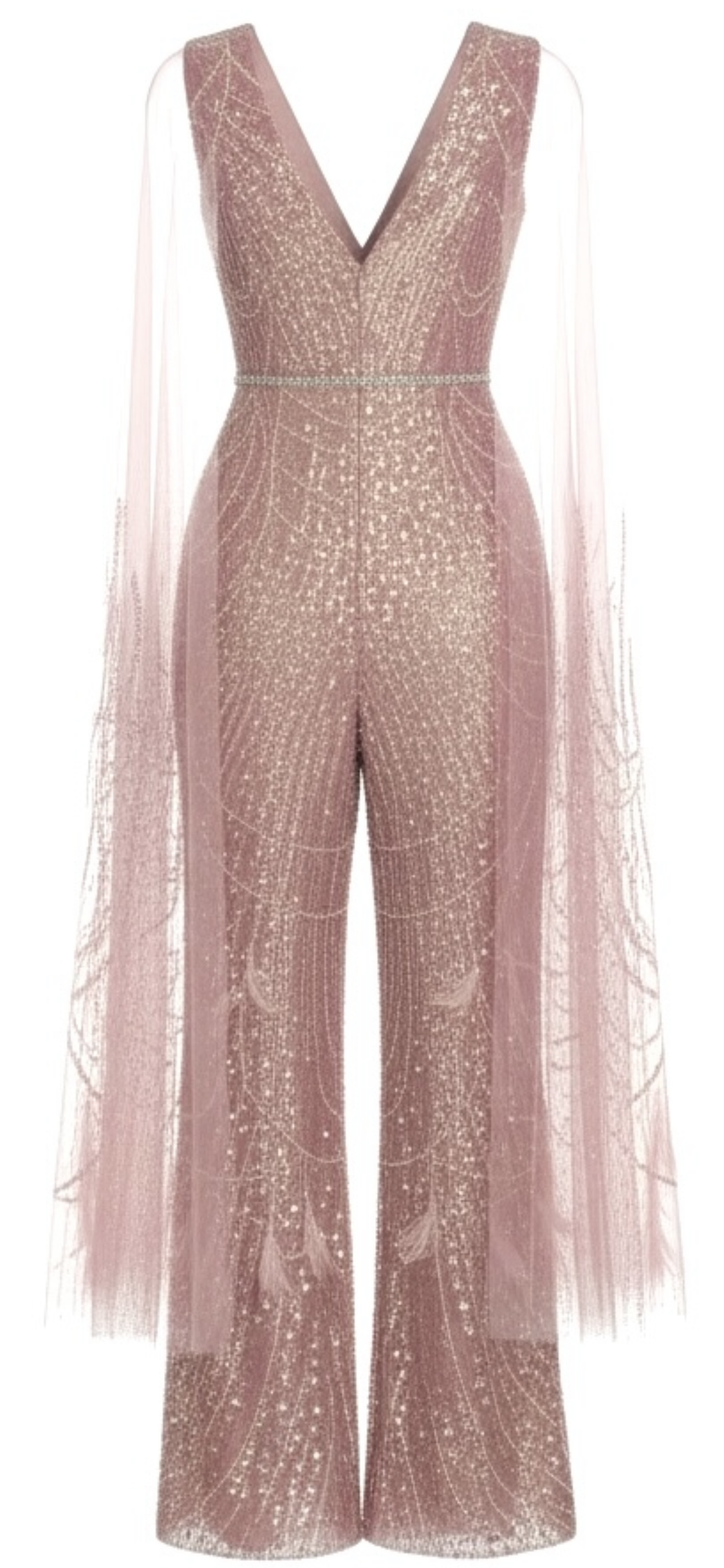 Rose Gold Crystal Cape V-Neck Jumpsuit
