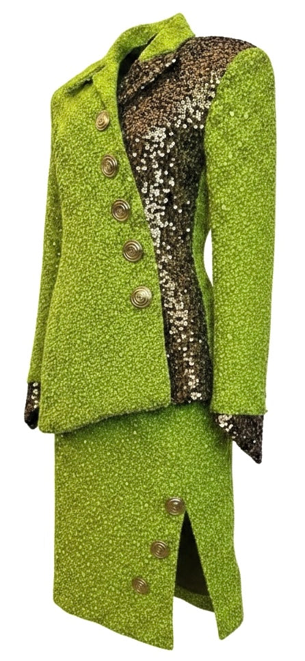Lime Green & Gold Two-Tone Sequin Long Jacket & Skirt Suit