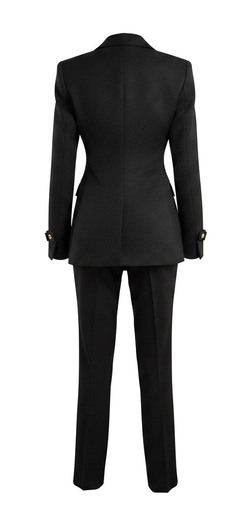 Black Jacquard Floral Double-Breasted Tuxedo with Gold Buckle