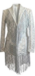 Silver & White Sequin Fringe Blazer Dress
