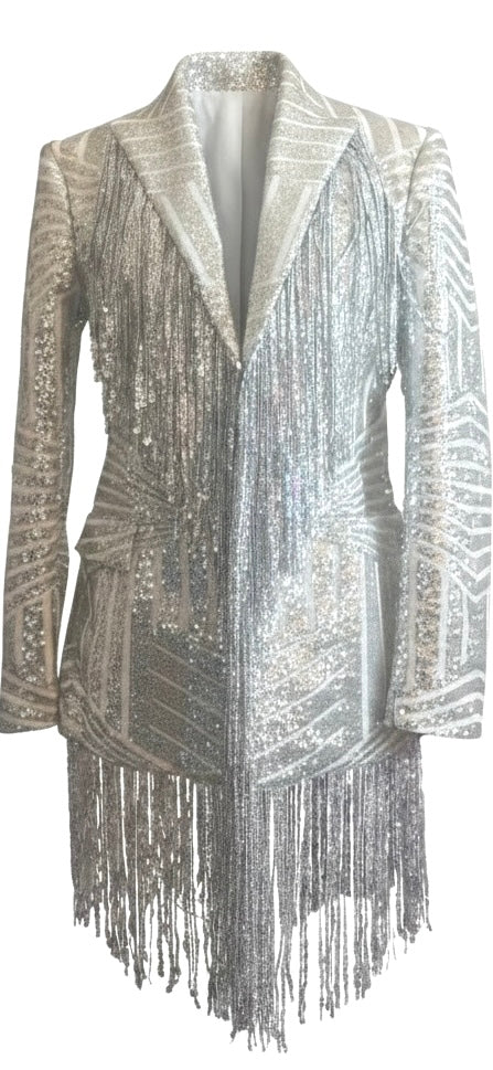 Silver & White Sequin Fringe Blazer Dress