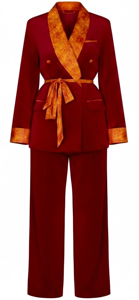 Crimson Velvet & Gold Jacquard Blazer Dress with Rope Tie Belt