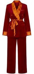 Crimson Velvet & Gold Jacquard Blazer Dress with Rope Tie Belt