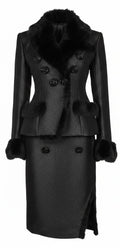 Black Iridescent Real Fur Trim Skirt Suit
