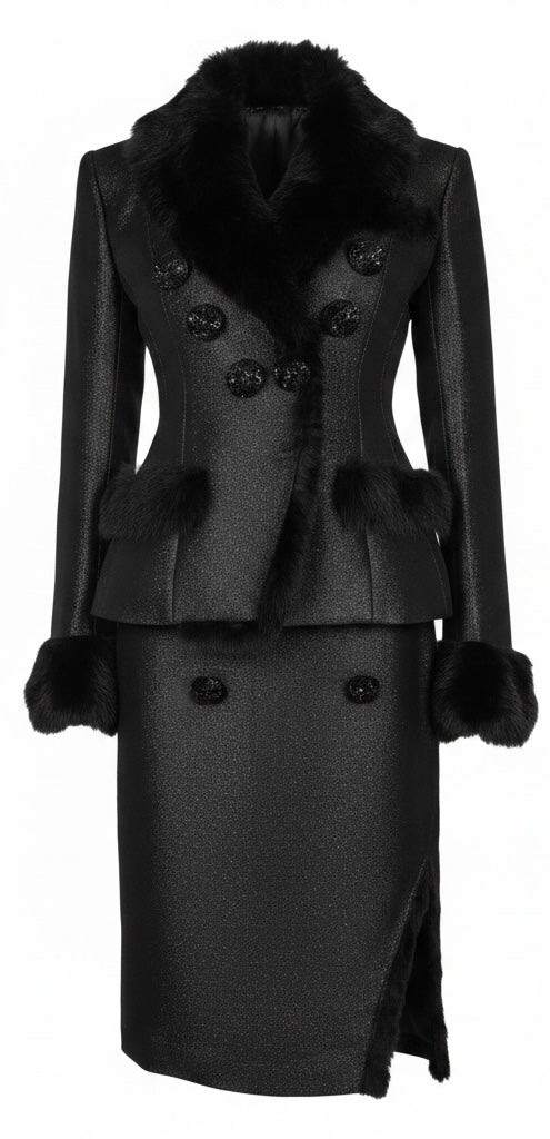 Black Iridescent Real Fur Trim Skirt Suit