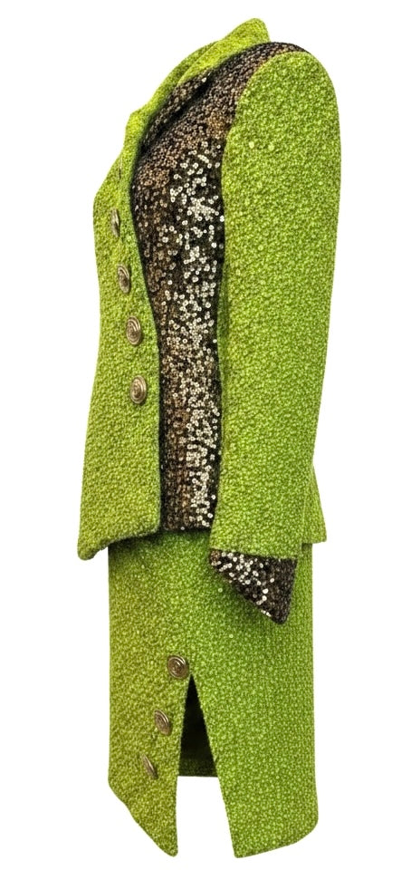 Lime Green & Gold Two-Tone Sequin Long Jacket & Skirt Suit