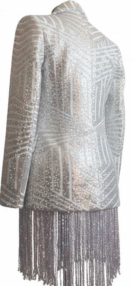 Silver & White Sequin Fringe Blazer Dress