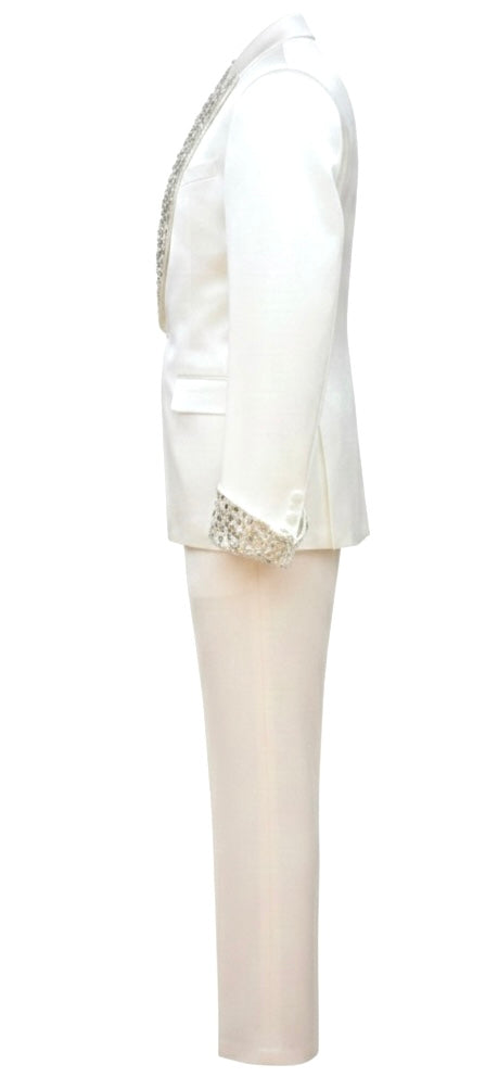 White Silk Double-Breasted Suit with Diamond Crystal Lapel & Cuffs