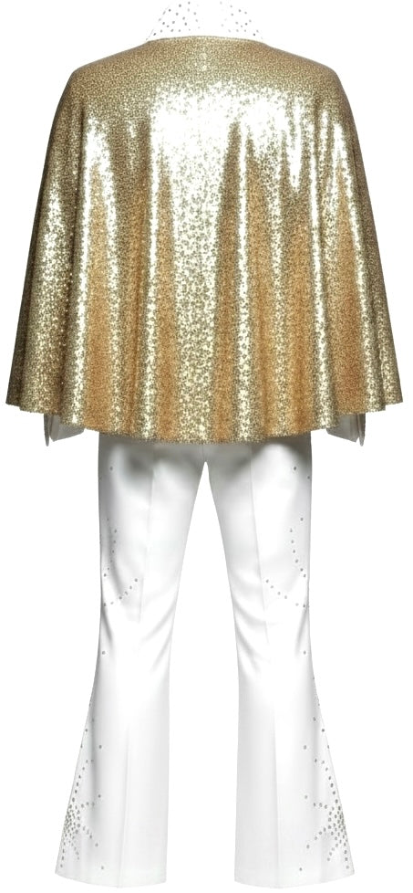 White Silk Suit with Gold Sequin Cape & Gold Crystal Embellishments