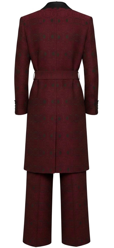 Burgundy Jacquard Tuxedo Long Jacket Suit
