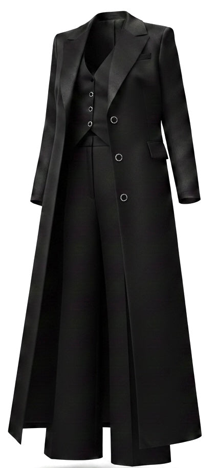 Black Silk 3-Piece Long Floor Jacket Flare Suit