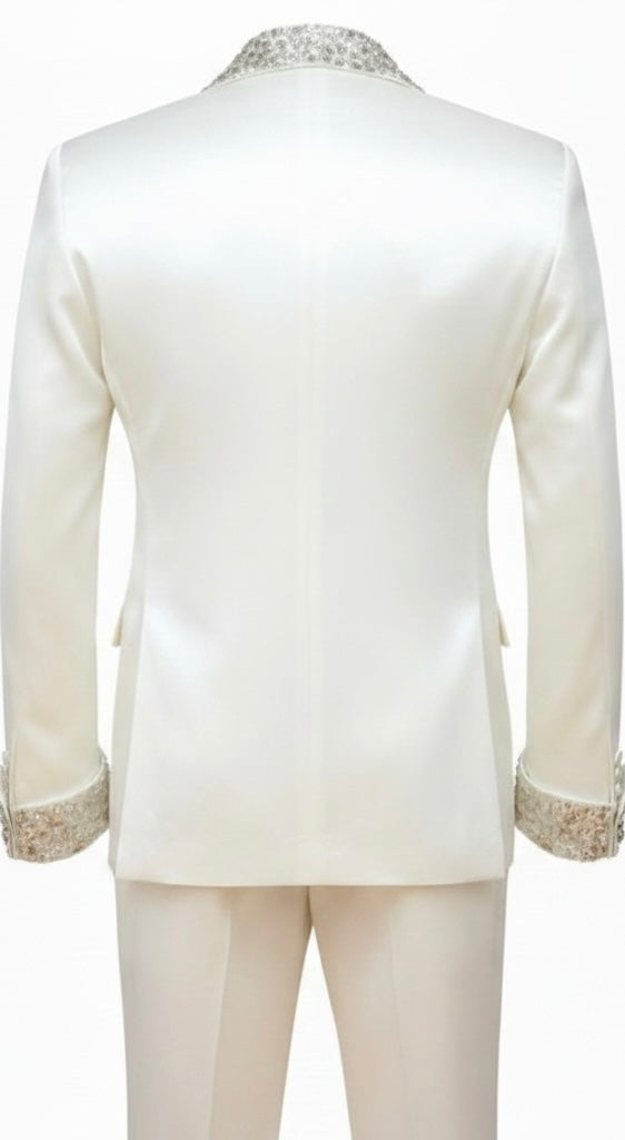 White Silk Double-Breasted Suit with Diamond Crystal Lapel & Cuffs