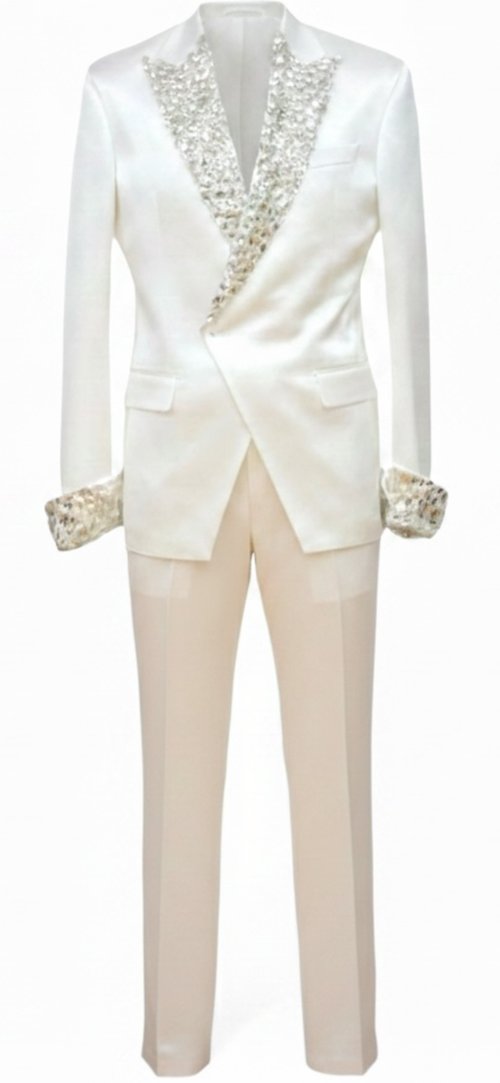 White Silk Double-Breasted Suit with Diamond Crystal Lapel & Cuffs