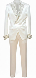 White Silk Double-Breasted Suit with Diamond Crystal Lapel & Cuffs