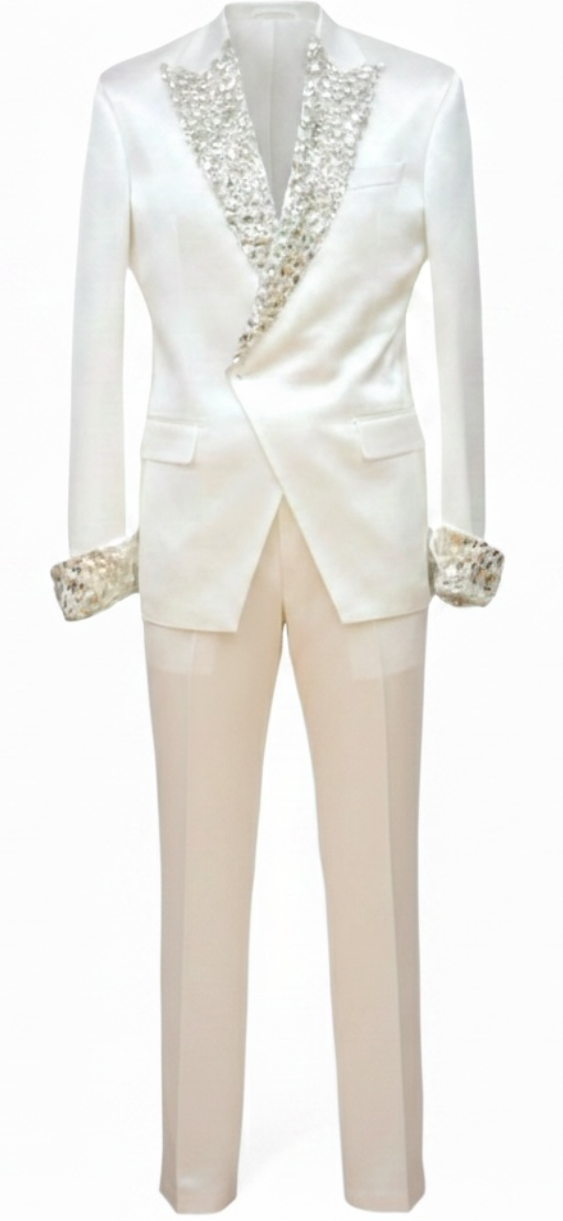 White Silk Double-Breasted Suit with Diamond Crystal Lapel & Cuffs