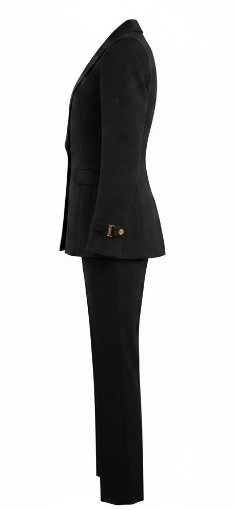 Black Jacquard Floral Double-Breasted Tuxedo with Gold Buckle