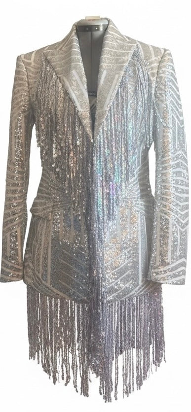 Silver & White Sequin Fringe Blazer Dress