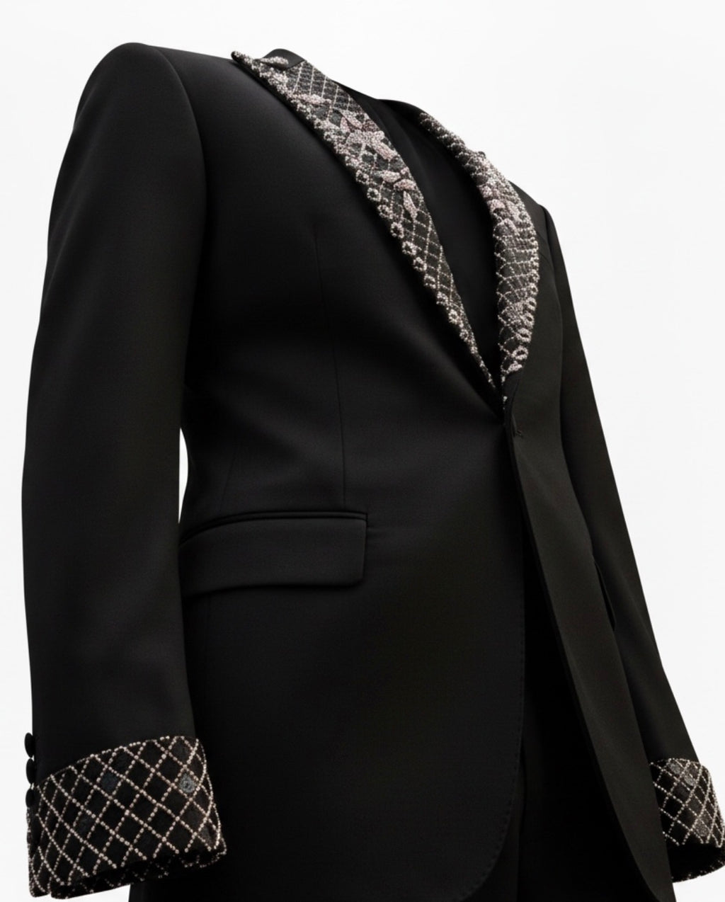 Black Wool Tuxedo with Crystal Pearl Lapel & Cuff Embellishments