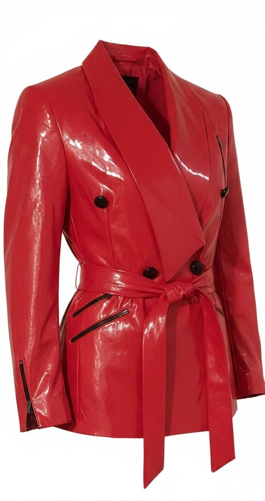 Red Faux Leather Zipper Suit with Rope Tie Belt