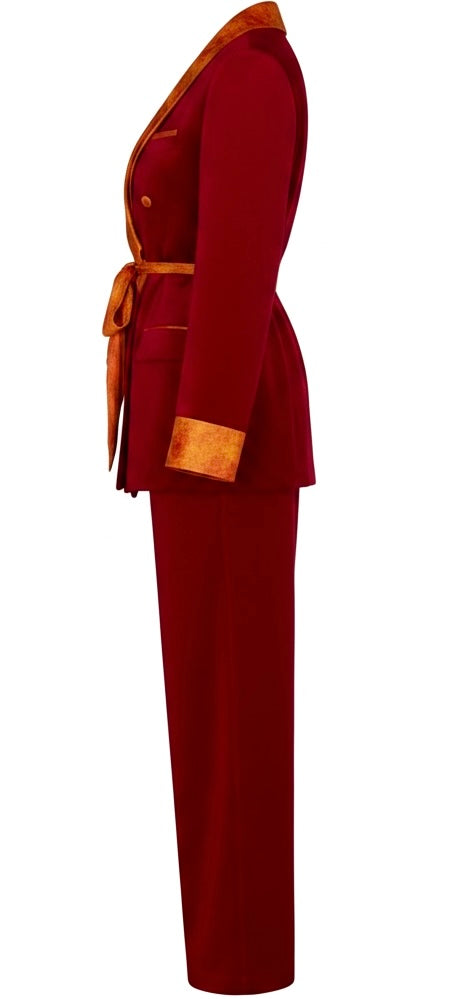 Crimson Velvet & Gold Jacquard Blazer Dress with Rope Tie Belt