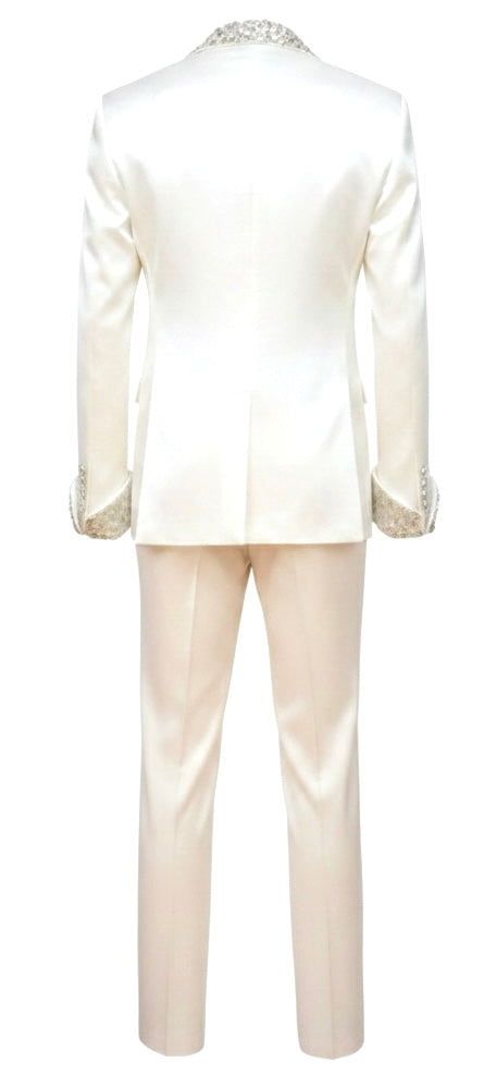 White Silk Double-Breasted Suit with Diamond Crystal Lapel & Cuffs