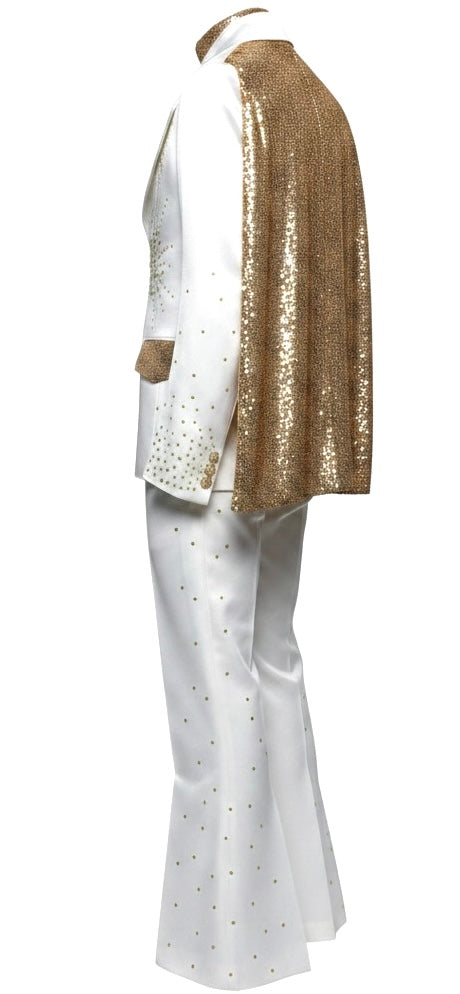 White Silk Suit with Gold Sequin Cape & Gold Crystal Embellishments