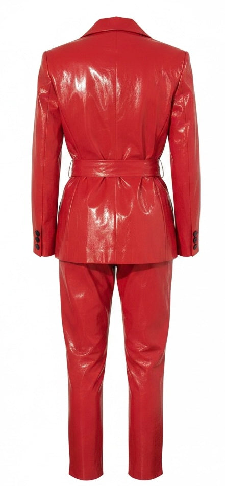 Red Faux Leather Zipper Suit with Rope Tie Belt