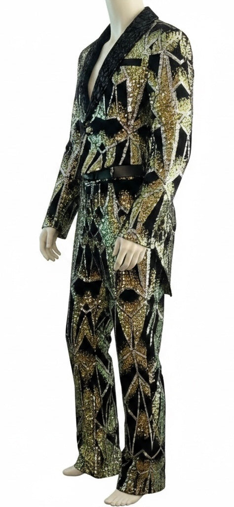 Black & Gold Geometric Sequin Tuxedo Tail Suit with Diamond Crystal Lapel