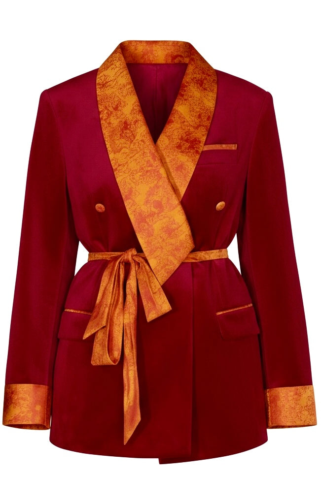 Crimson Velvet & Gold Jacquard Blazer Dress with Rope Tie Belt