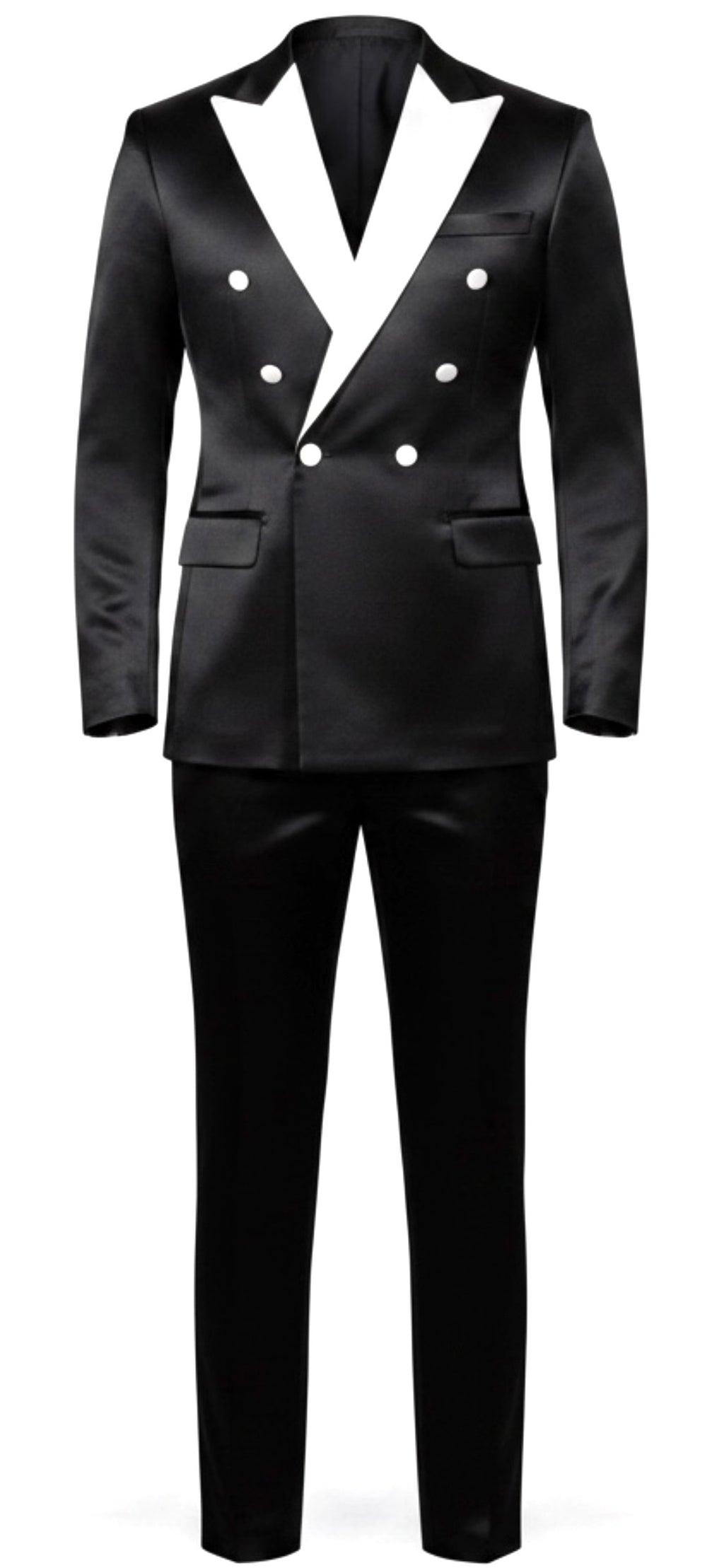 Black Silk Double-Breasted Tuxedo with White Contrast Lapel