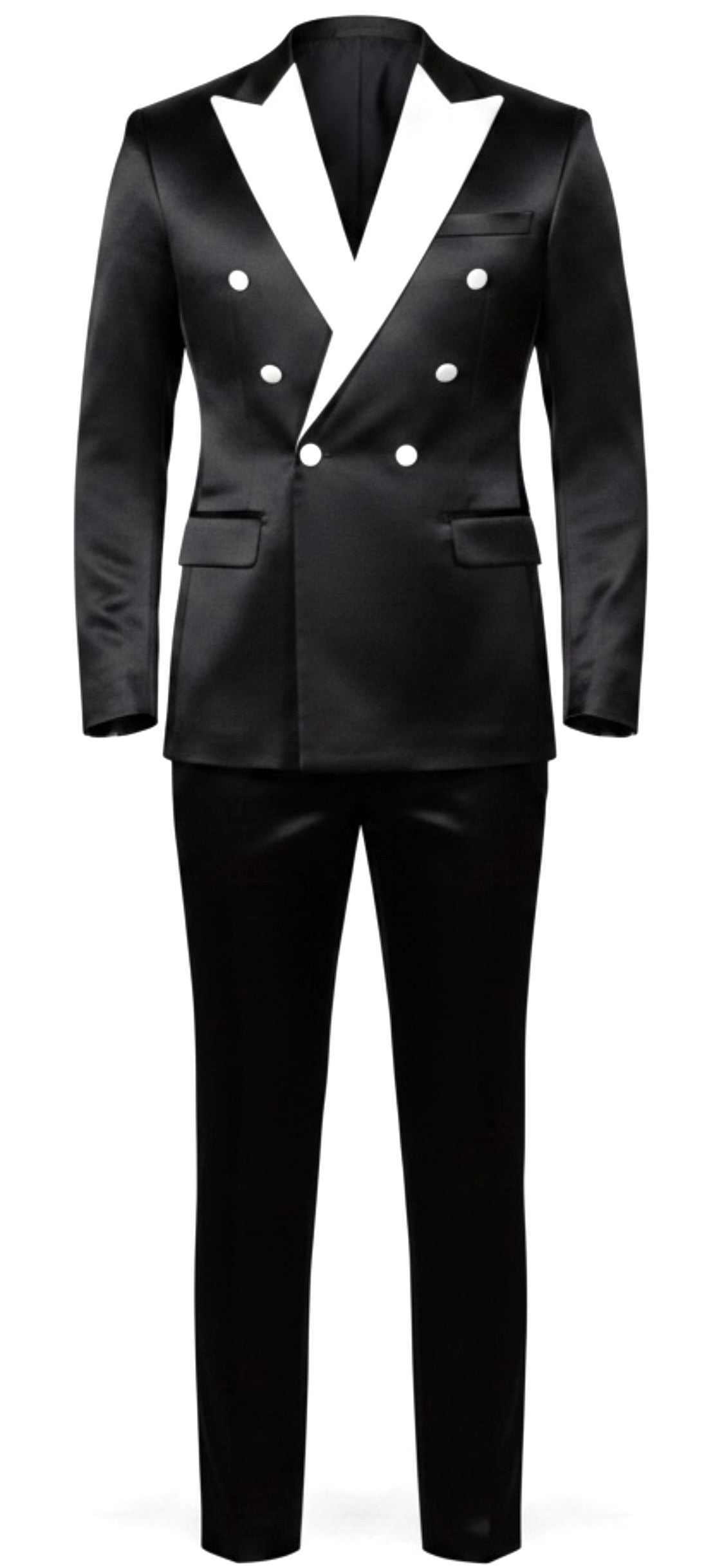 Black Silk Double-Breasted Tuxedo with White Contrast Lapel