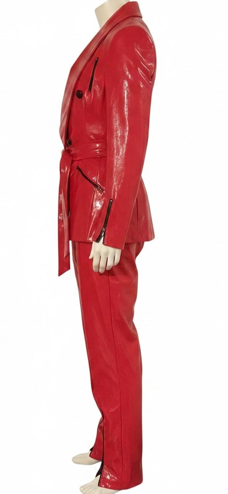 Red Faux Leather Zipper Suit with Rope Tie Belt
