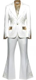 White Silk Suit with Gold Sequin Cape & Gold Crystal Embellishments