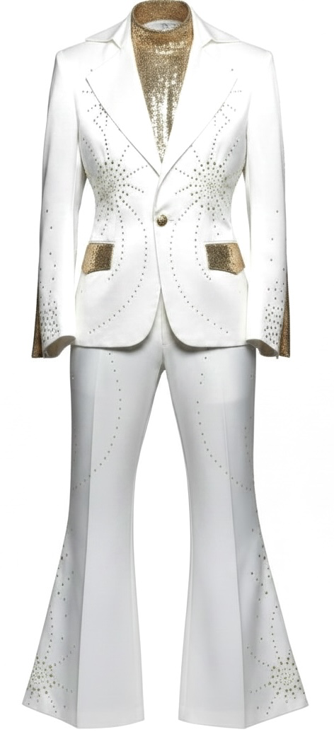 White Silk Suit with Gold Sequin Cape & Gold Crystal Embellishments