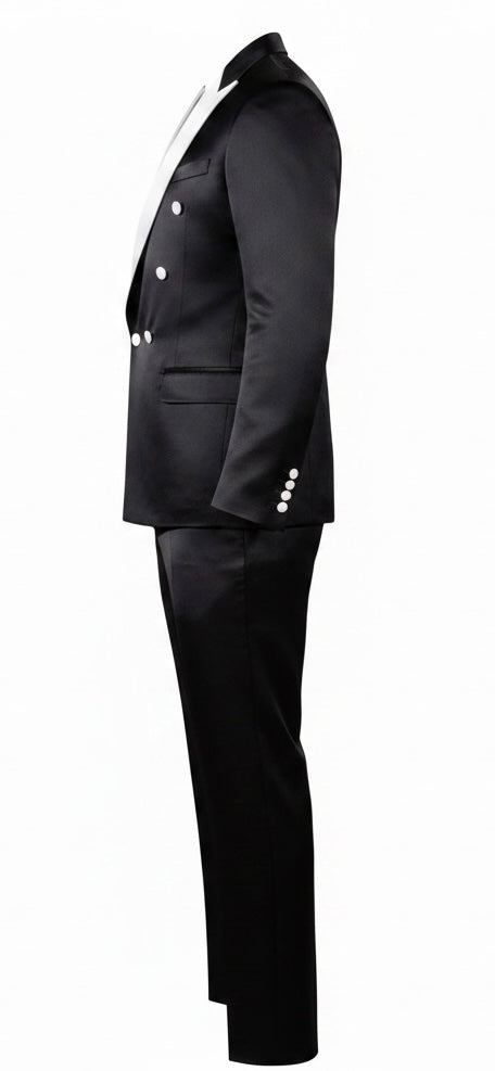 Black Silk Double-Breasted Tuxedo with White Contrast Lapel