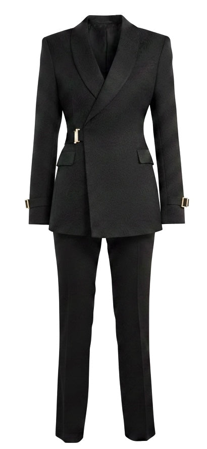 Black Jacquard Floral Double-Breasted Tuxedo with Gold Buckle