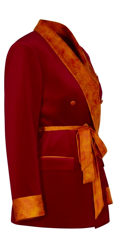 Crimson Velvet & Gold Jacquard Blazer Dress with Rope Tie Belt