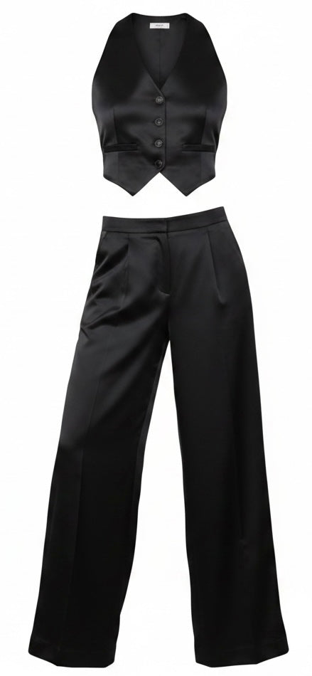 Black Silk 3-Piece Long Floor Jacket Flare Suit