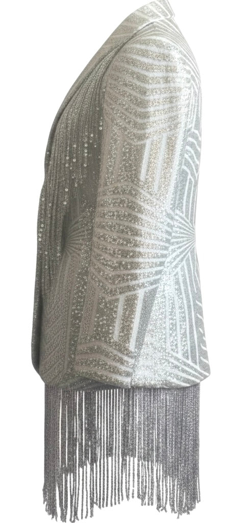 Silver & White Sequin Fringe Blazer Dress